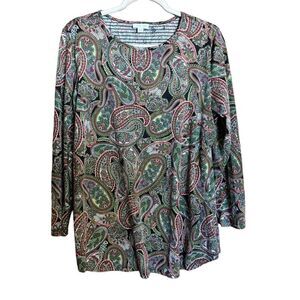 J Jill Top Womens Large Multicolor Paisley Boho Print Stretch Blouse Ladies